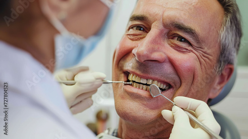 A middle-aged man with a beautiful smile checks his teeth at a dentist