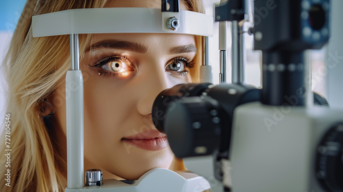blonde girl with beautiful eyes checks her vision at the ophthalmologist