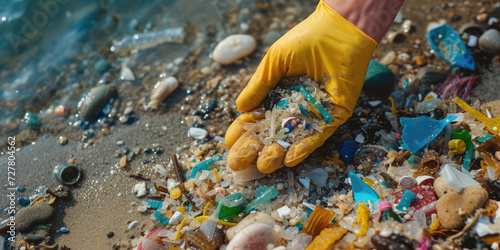 Beach Cleanup Effort Against Microplastics. Yellow Gloved hands collect colorful microplastic fragments from sandy beach, environmental protection concept. photo