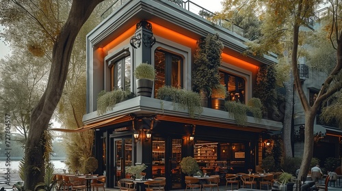 facade Luxury architecture restaurant single floor. Generative AI.