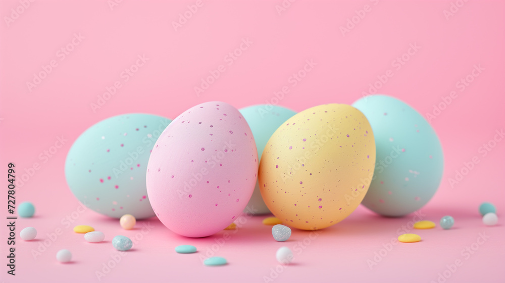 Colorful dotted Easter eggs dyed in bright pastel colors
