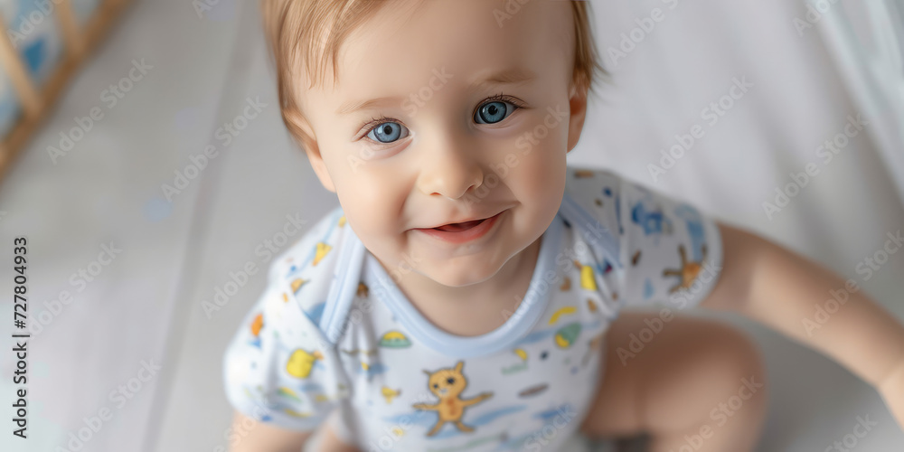 Serene smiling Infant in simple Bodysuit. Close-up of a calm baby in a classic bodysuit, indoors with a soft background with copy space. Serene smiling Infant in simple Bodysuit. Close-up of a calm baby in a classic bodysuit, indoors with a soft background with copy space.
