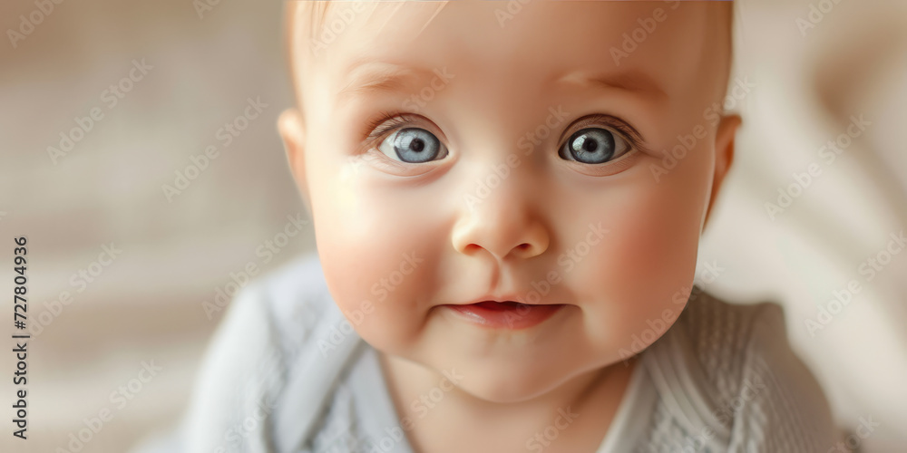 Serene smiling Infant in simple Bodysuit. Close-up of a calm baby in a classic bodysuit, indoors with a soft background with copy space.