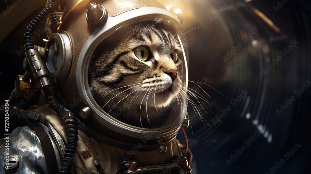 A cat wearing a spacesuit and helmet floating in space with stars and planets in the background A cat wearing a spacesuit and helmet floating in space with stars and planets in the background