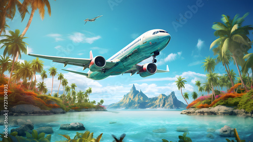 Concept of airplane travel to exotic destination.