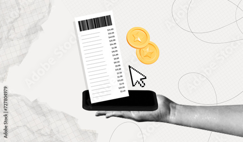 Trendy Halftone Collage Hand with Mobile Phone, Payment Receipt and floating coins. Safe financial transfer. Online transactions. Purchase invoice. Mobile bank app. Contemporary vector art photo
