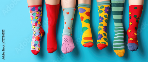 Vibrant Socks on Legs Against Colorful flat Background. Different pairs of colorful socks. Simple background for socks shop, copy space.