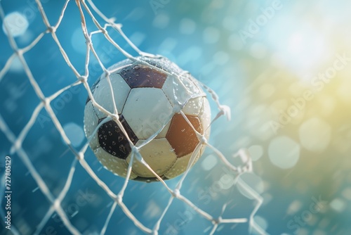 A soccer ball flies into the net under the sunlight. copy space photo