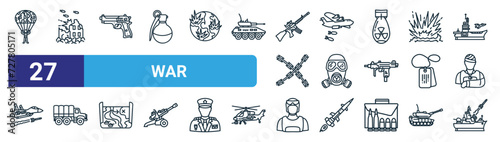 Fotografija set of 27 outline web war icons such as parachute, destroyed, pistol, bomber, gas mask, military truck, soldier, battlecruiser vector thin line icons for web design, mobile app