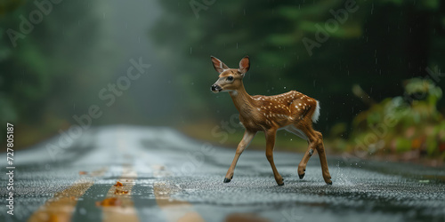 Wild young Deer Crossing Suburban Road. Deer running across roadway in backcountry, animal danger on road, scene blending wildlife and urban environment.