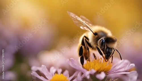 fluffy, fluffy bee with transparent wings collecting flower pollen against, isolated yellow background
 photo