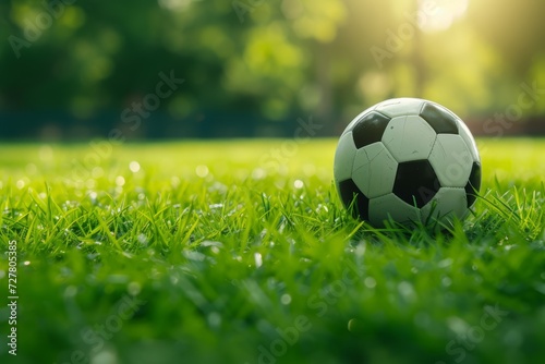 a soccer ball on the lawn on a sunny day. place for the text