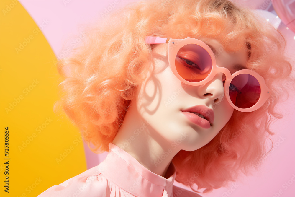 Stylish female model posing with coral pink curly hair and oversized round sunglasses against a vibrant background.