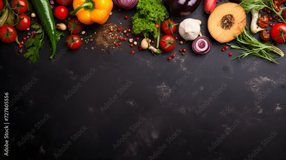 Cooking banner. Kitchen board, spices, and cutlery.