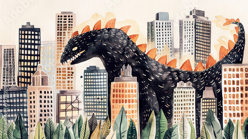 big monster destroying city skyline. Illustration. Watercolor. photo
