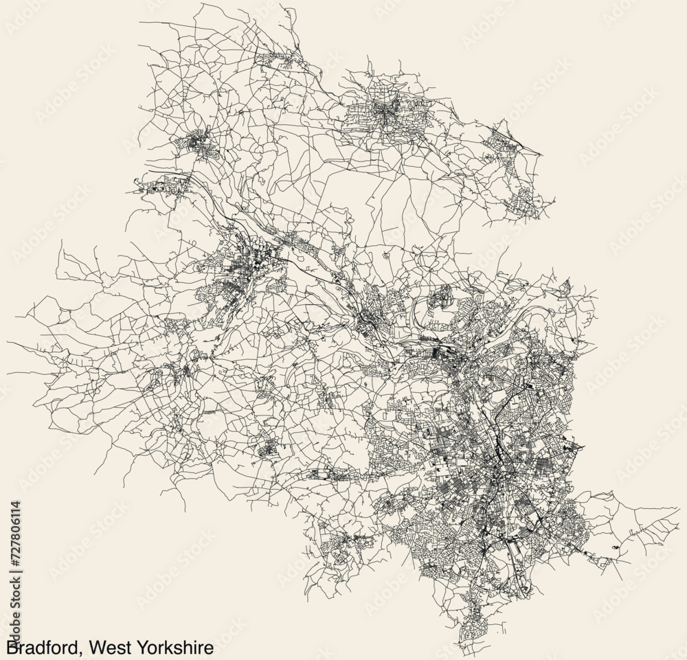 Street roads map of the METROPOLITAN BOROUGH AND CITY OF BRADFORD, WEST YORKSHIRE