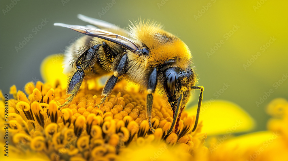 Close up of a bumble bee on yellow flower with pollen explosion Close up of a bumble bee on yellow flower with pollen explosion