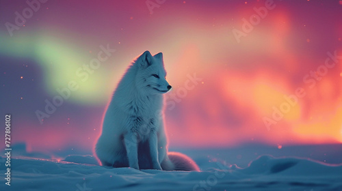 Arctic Fox sitting in arctic sunset with aurora borealis. 