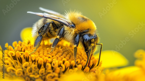 Close up of a bumble bee on yellow flower with pollen explosion 