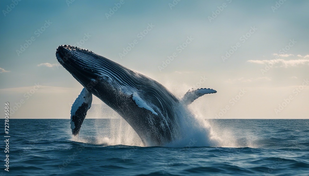 Fototapeta premium big whale with pointed fins skipping in blue ocean water with foam 