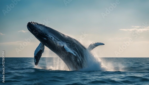 big whale with pointed fins skipping in blue ocean water with foam
