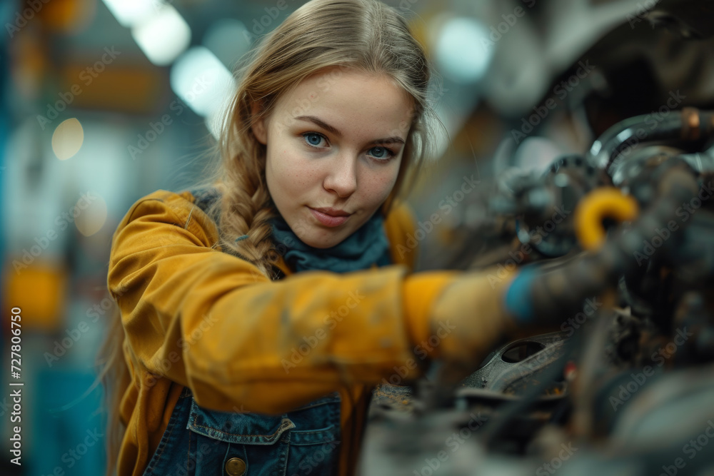 A skilled female mechanic repairing a car, challenging gender norms in the automotive industry and showcasing expertise in mechanical work. Concept of women in auto maintenance. Generative Ai. A skilled female mechanic repairing a car, challenging gender norms in the automotive industry and showcasing expertise in mechanical work. Concept of women in auto maintenance. Generative Ai.