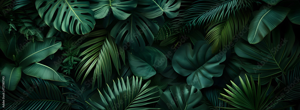 A nature background featuring an abstract green leaf texture. The image showcases dark green tropical leaves in close-up, revealing layered textures and various elements of tropical flora. A nature background featuring an abstract green leaf texture. The image showcases dark green tropical leaves in close-up, revealing layered textures and various elements of tropical flora.