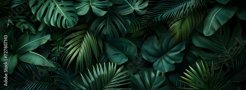 A nature background featuring an abstract green leaf texture. The image showcases dark green tropical leaves in close-up, revealing layered textures and various elements of tropical flora. © jex