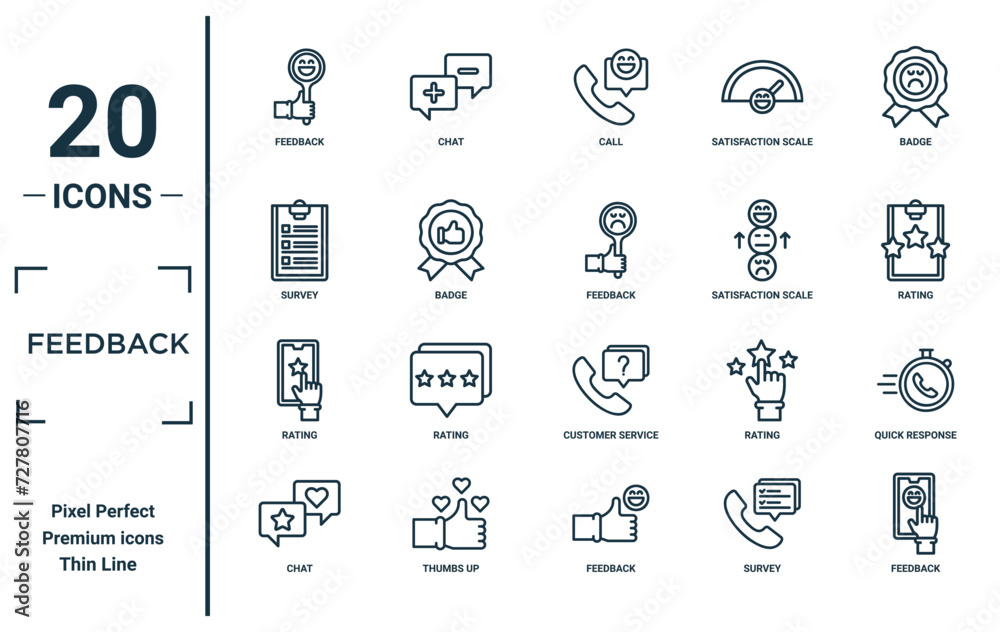 feedback linear icon set. includes thin line feedback, survey, rating ...