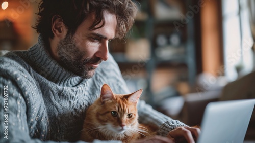Handsome Man Working from Home with Cat - Online Job Bliss, Pet Love, Happiness © Rukma