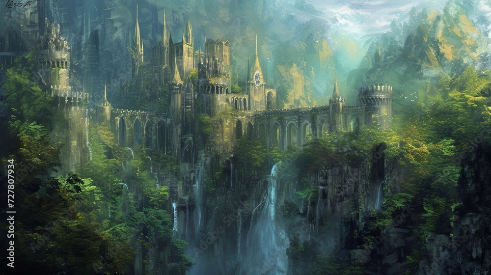 A fantasy landscape with towering castles and mysterious forests. Oil painting. 