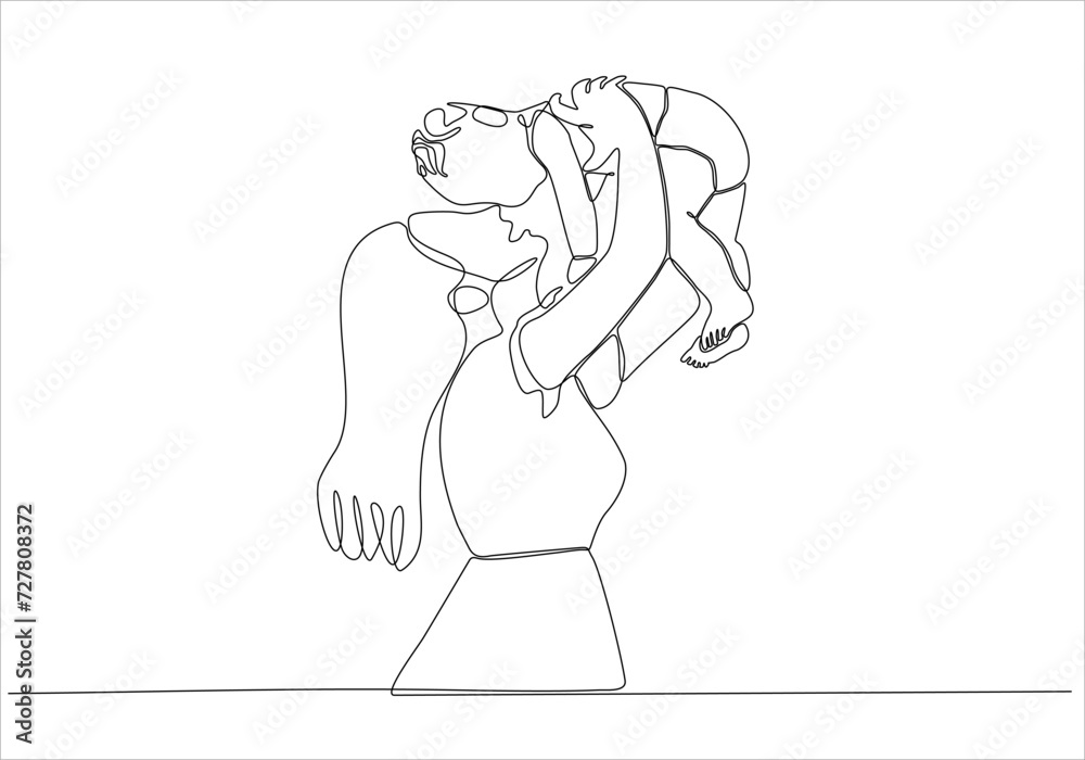 Happy Mother's Day card. Continuous one line drawing. Woman holding her baby. Vector illustration