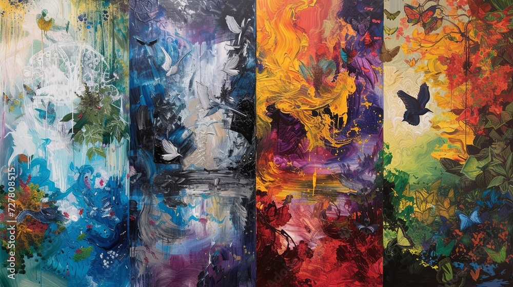 An abstract interpretation of the four seasons, with each quadrant of the painting representing a different season. Oil painting. 