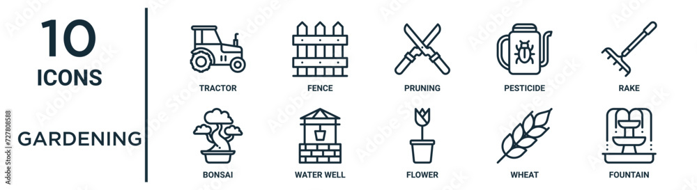 gardening outline icon set such as thin line tractor, pruning, rake, water well, wheat, fountain, bonsai icons for report, presentation, diagram, web design