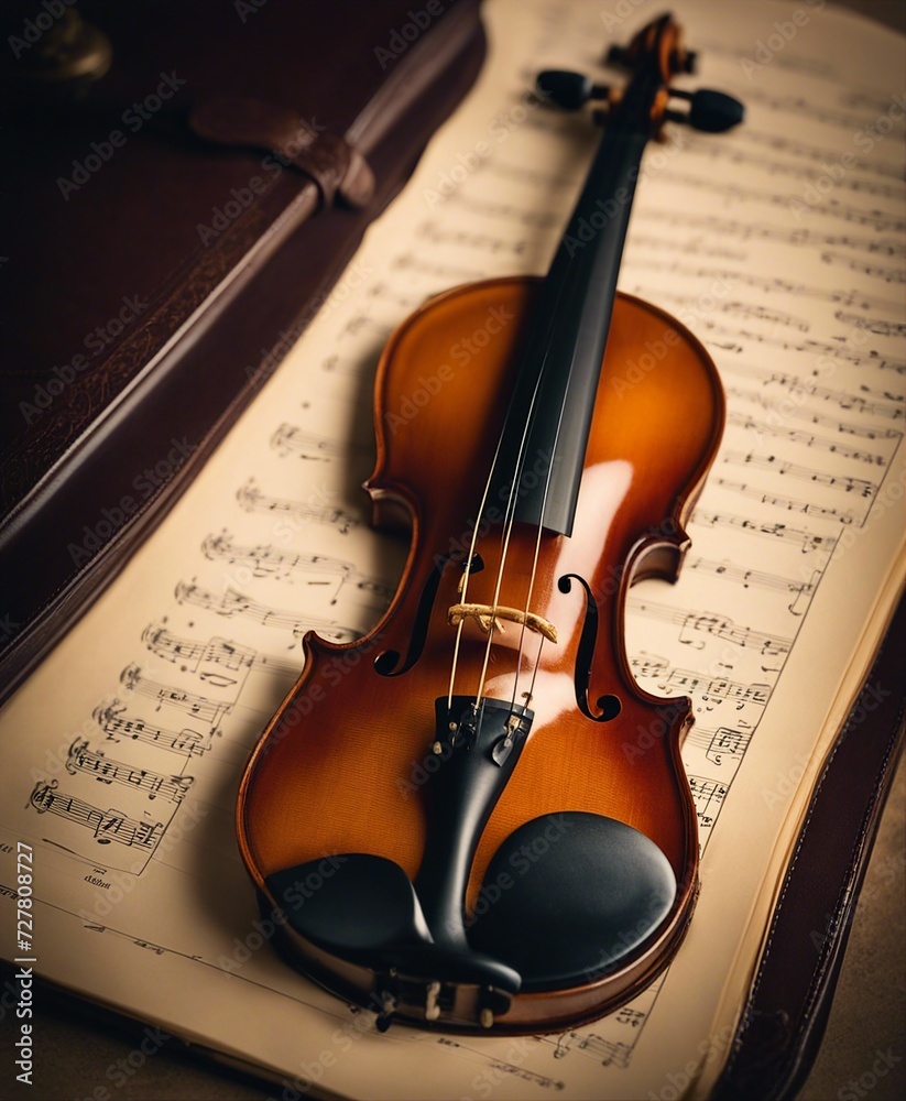 Fototapeta premium glossy polished violin and music notebook 