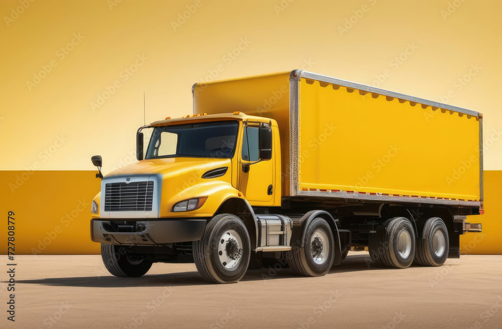 A large retro yellow truck with a sleeping part and an aerodynamic extension carries a trailer with a sea container. 3d rendering.