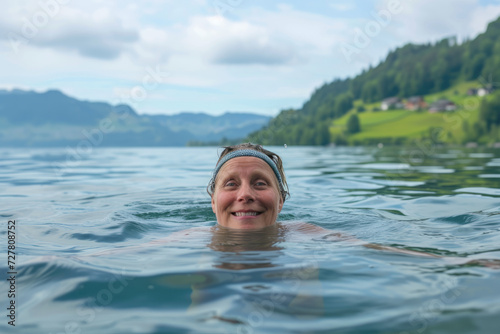 Selfie image of mature happy woman swim in the lake in middle of beautiful natural landscape © Kien