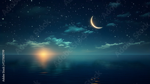 Crescent moon in starry sky over sea at night.