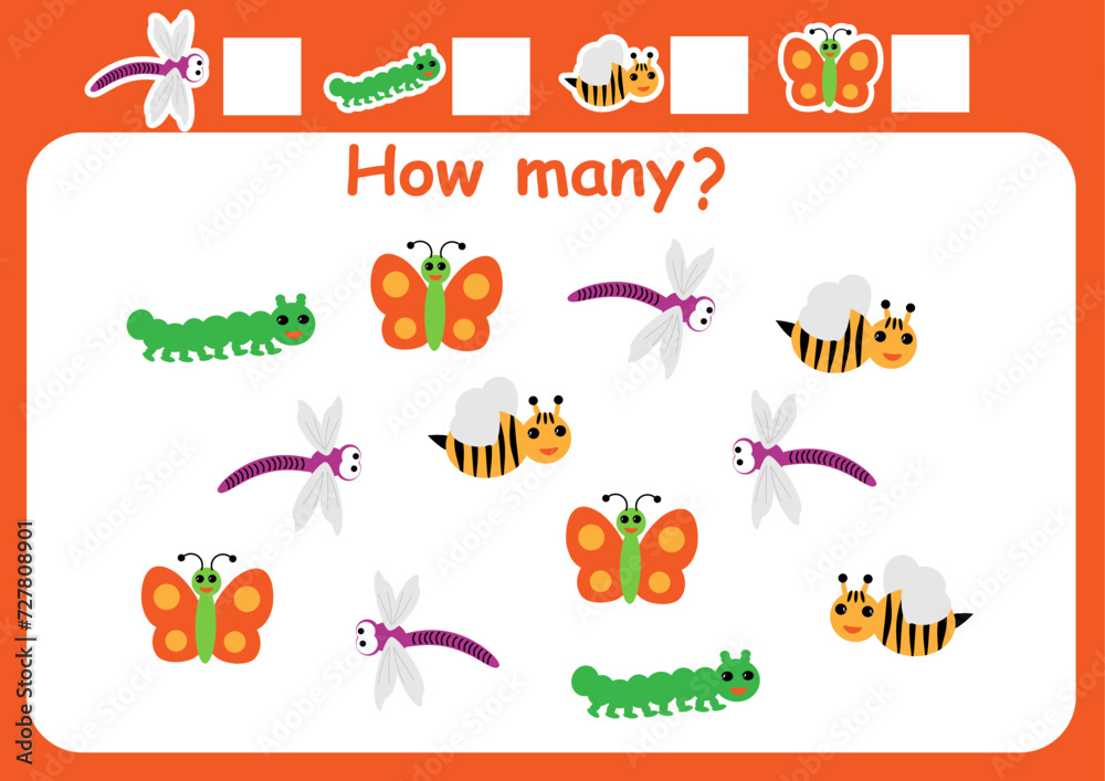How many bees, butterflies, dragonflies and caterpillars here. Counting game for children. Mathematics worksheet for preschoolers.