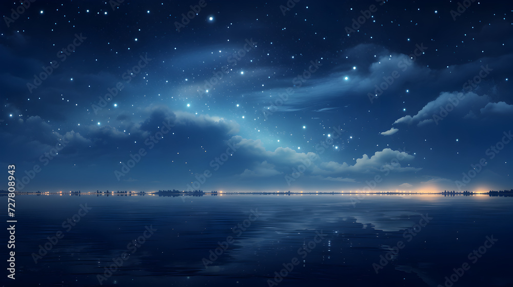 Crescent moon in starry sky over sea at night.