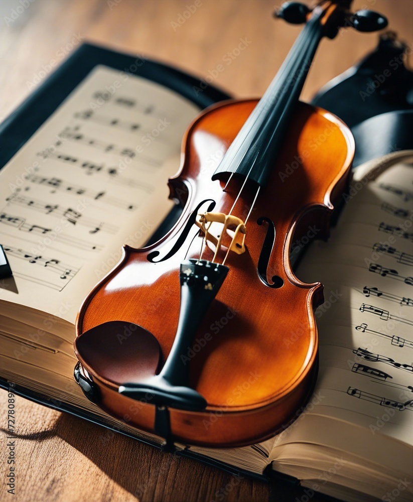 Fototapeta premium glossy polished violin and music notebook 