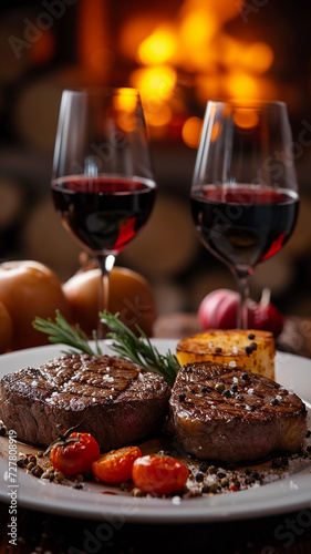 romantic dinner meat steak with a glass of wine on the background of a fireplace fire.