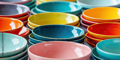 Ceramic Dinnerware: Close-up of Colorful Ceramic Plates and Bowls, Adding a Pop of Color to the Dining Table