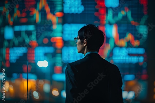 sadness asian investor standing in front of chart digital background, subprime economic crisis, disheartened by the financial crisis, plunge in stock prices, and the failure to invest. generative AI photo