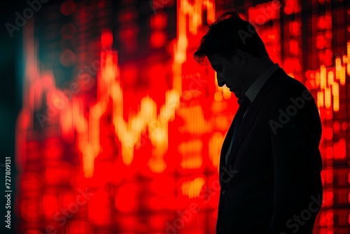 sadness investor standing in front of chart digital background, subprime economic crisis, disheartened by the financial crisis, the plunge in stock prices, and the failure to invest. generative AI