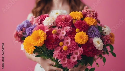 person demonstrating bunch of colorful flowers against pink background

