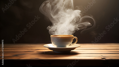 Cup of coffee with steam rising out of it on wooden table.