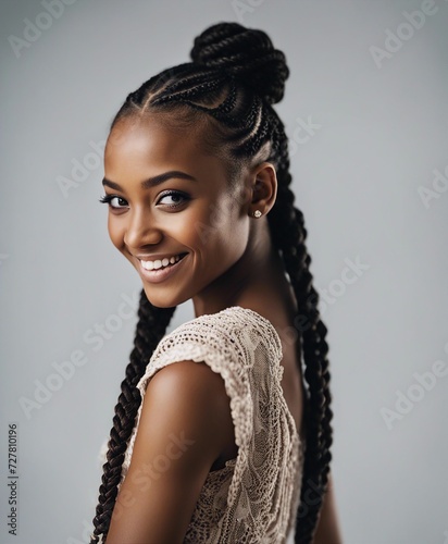 portrait of African girl with braided hair and smiling smile, isolated white background. copy space 
