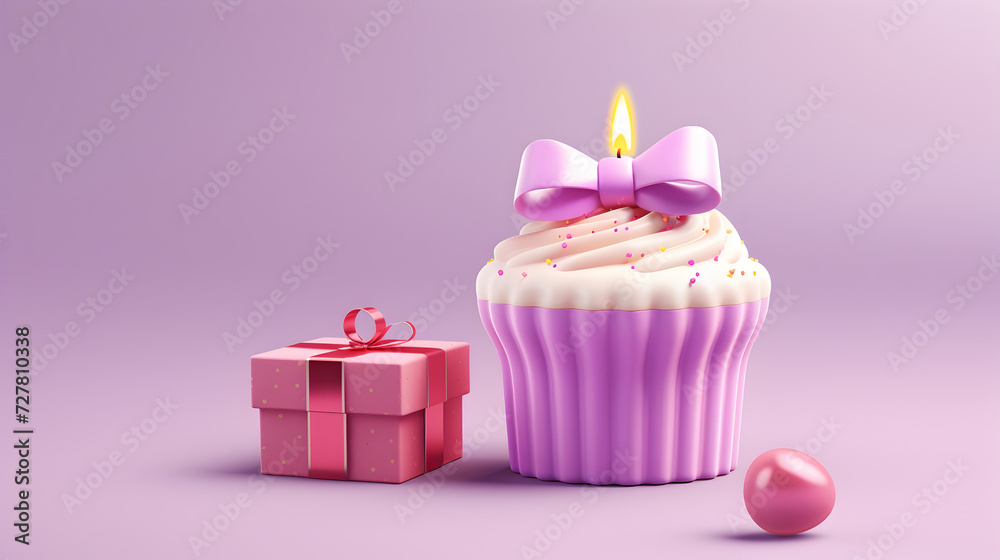 Cupcake with candle and present box celebration.