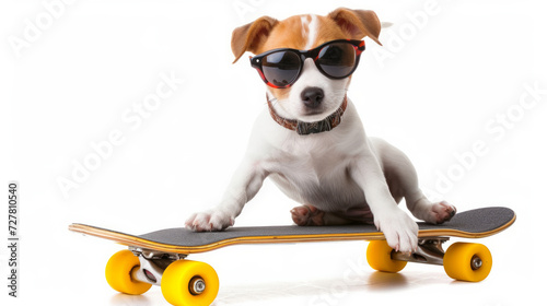 fashionable funny and creative dog in sunglasses on skateboard isolated on white background, active pet. Dog wearing glasses with skateboard © Nataliia_Trushchenko